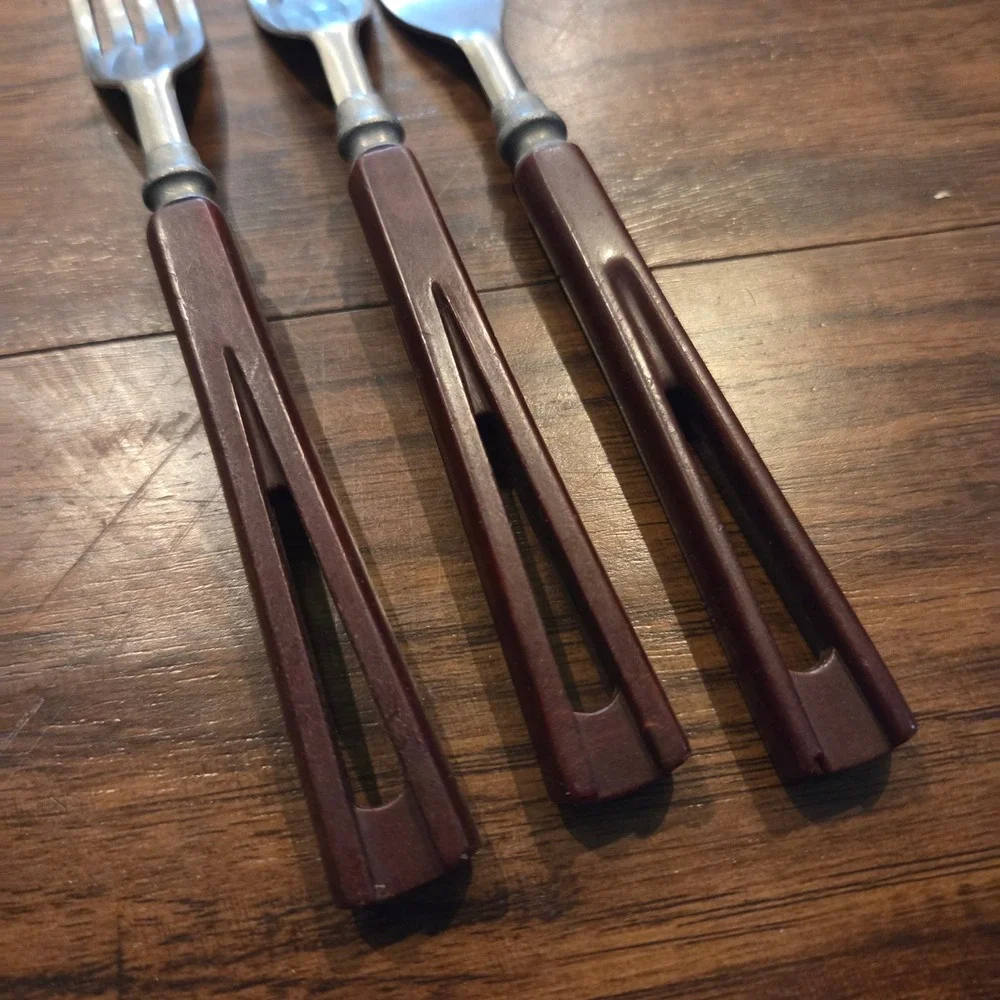 Vintage Mid Century Modern Stainless Forks Set of 3 Brown Cutout Handles 7.75in
